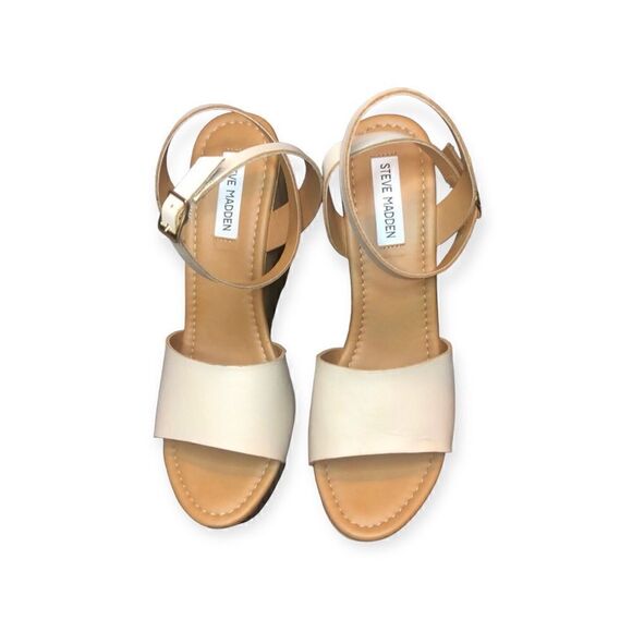 NWT Steven MaddenCream Beige Leather Sandals Open Back Cross Straps Wide Wedge - Picture 1 of 5